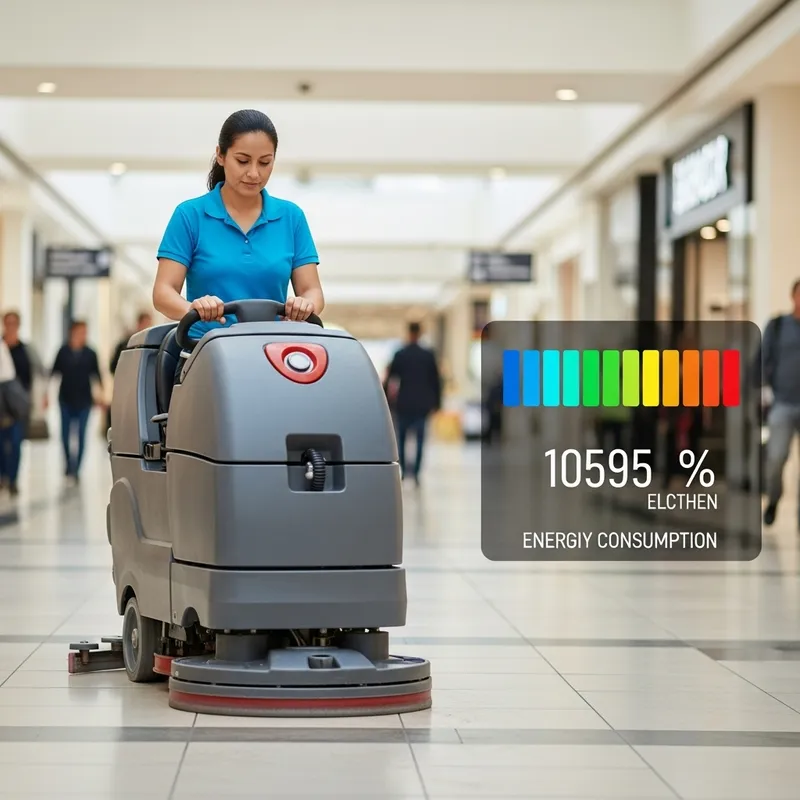 Hispanic Woman Operating Floor Scrubber in Mall with Energy Consumption Indicator Hispanic Woman Operating Floor Scrubber in Mall with Energy Consumption Indicator