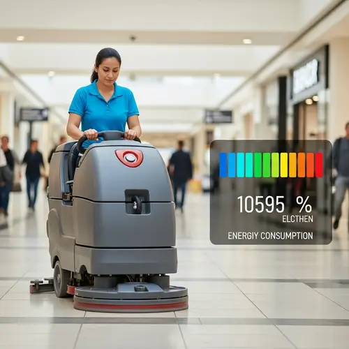 Hispanic Woman Operating Automatic Floor Scrubber in Busy Mall Aisle