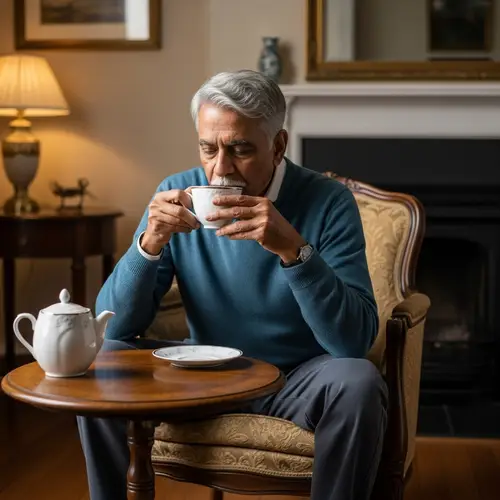 Elderly South Asian Man Enjoying Tea in Cozy Living Room