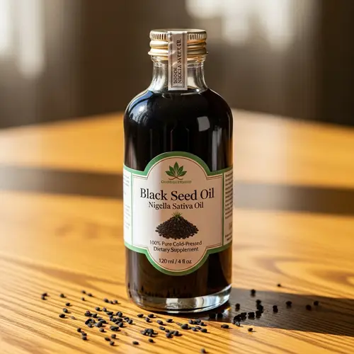 Premium Black Seed Oil in Glass Bottle | Natural Oak Wood Table