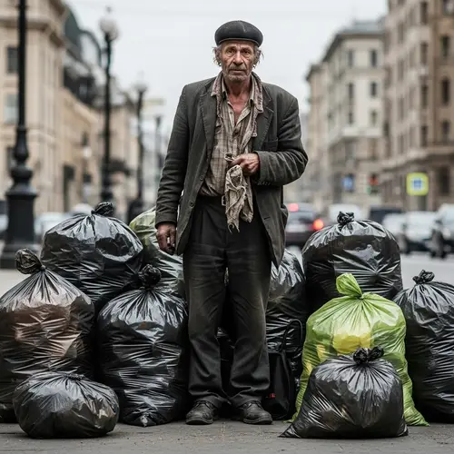 Wealthy Homeless Russian Man Amid Garbage Bags
