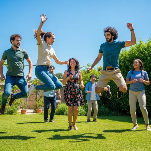 Joyful Garden Scene: Friends Leaping Under Clear Blue Sky