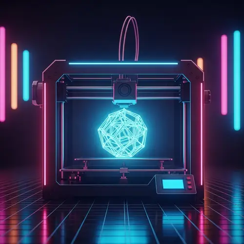 Futuristic 3D Printer Creating Virtual Object with Neon Glow