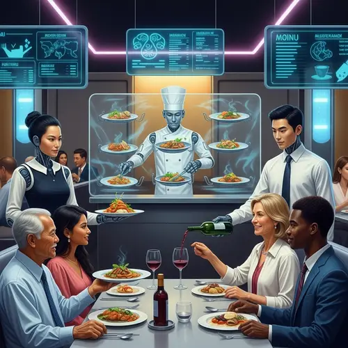 Futuristic Restaurant with AI-Powered Robots Serving Diverse Customers
