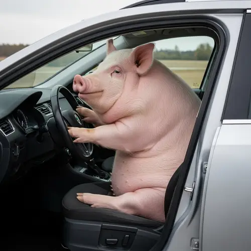 Humorous Image of Pink Pig Driving Silver Skoda Octavia
