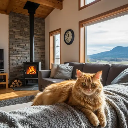 Cozy Cat on Couch with Chimney & Window