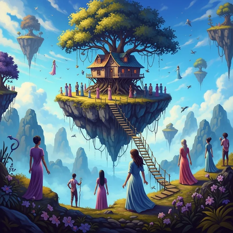 Whimsical Treehouse on Floating Island: Surreal Dreamscape