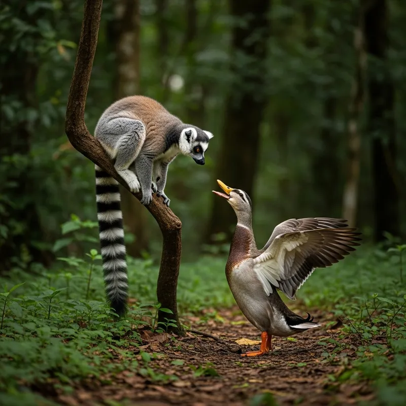 Lemur vs Duck: A Fierce Forest Face-Off