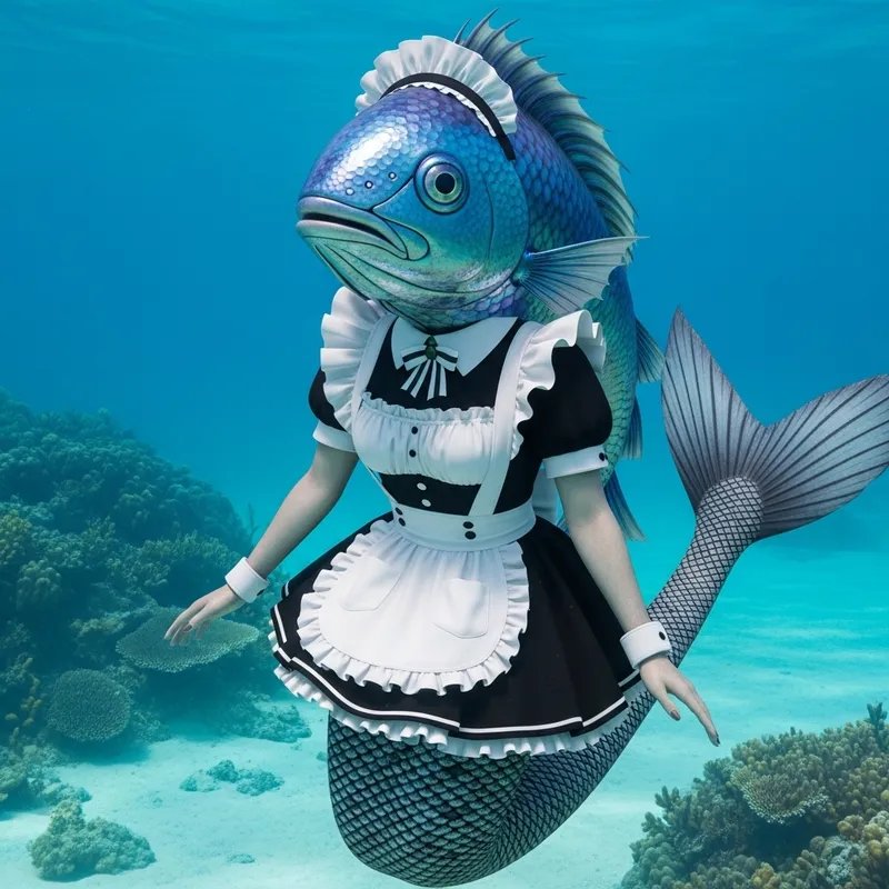 Enchanting Fish-Headed Maid Mermaid in Silvery Turquoise Waters Enchanting Fish-Headed Maid Mermaid in Silvery Turquoise Waters