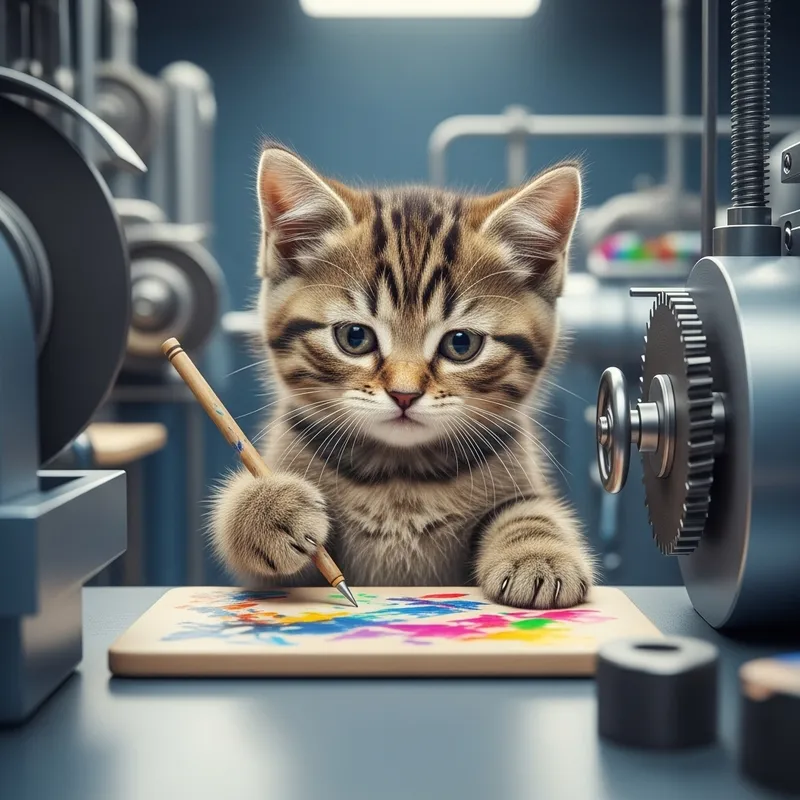 Cute Kitten Strives for Artistic Success in Factory Setting