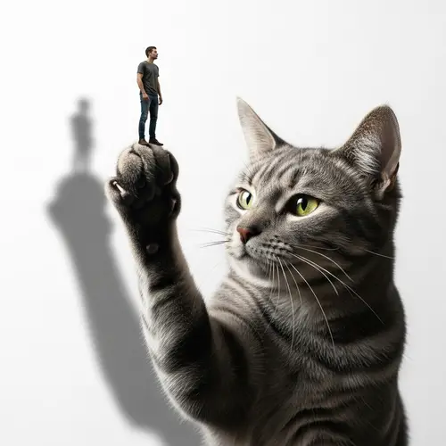 Surreal Grey Cat Holding Miniature Human Figure