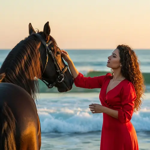 Alluring Hispanic Woman in Red Dress with Majestic Horse on Beach