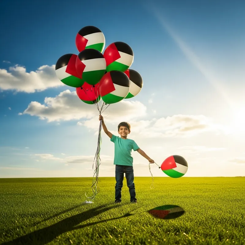 Young Child with Palestinian Flag Shaped Balloons