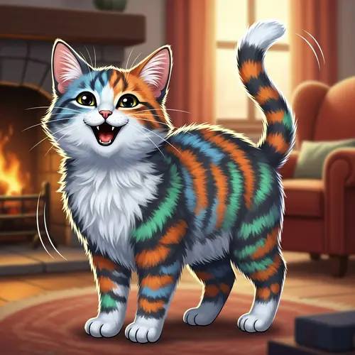 Joyful Feline Illustration - Vibrant Colors & Delightful Expression