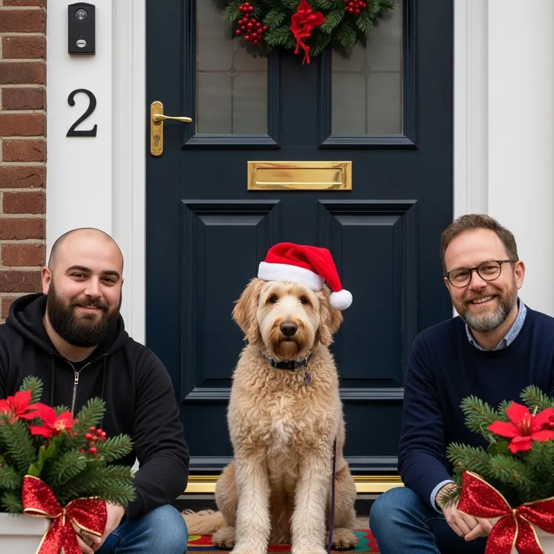 Labradoodle in Christmas Scene with Two Men by Doorstep | Festive Capture