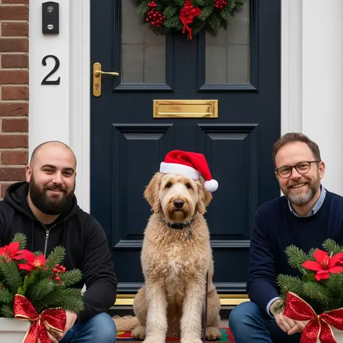 Festive Labradoodle and Two Men at Doorstep | Unique Features