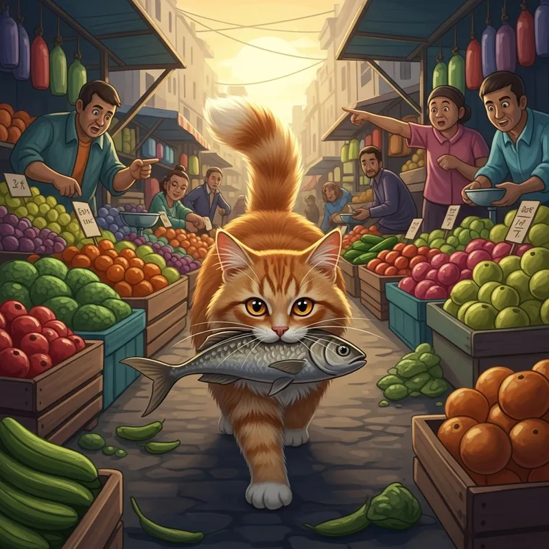 Ginger Cat Steals Fish in Vibrant Market Scene