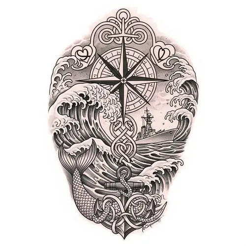 Powerful Maritime Tattoo Inspired by Ocean Waves and Naval Elegance