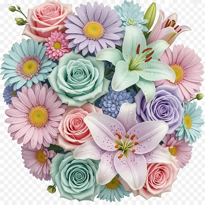 Beautiful Pastel Flowers on Transparent Background