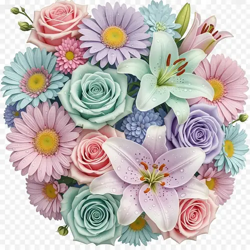 Beautiful Pastel Flowers on Transparent Background