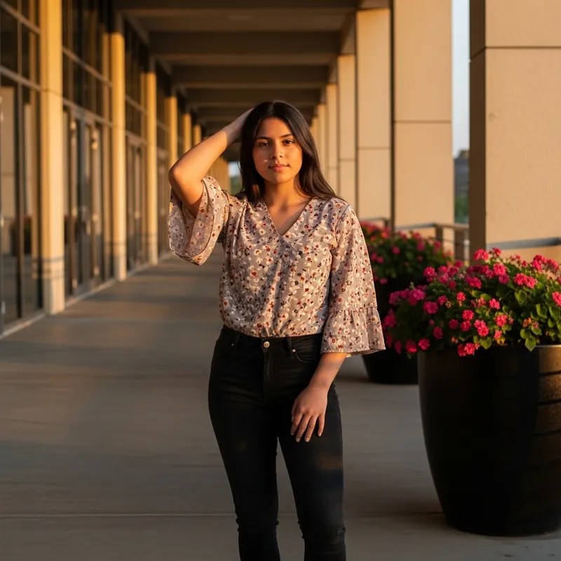 Stylish Hispanic Girl at Sunset in Urban Corridor