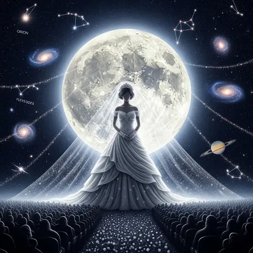 Enormous Glowing Moon Personified as Grandiose Bride - Celestial Wedding Scene