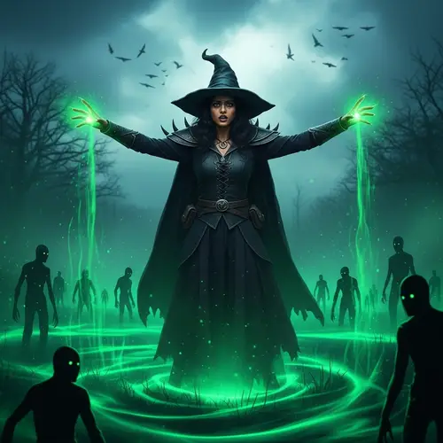 South Asian Female Witch Summoning Undead Creatures in Mystical Forest