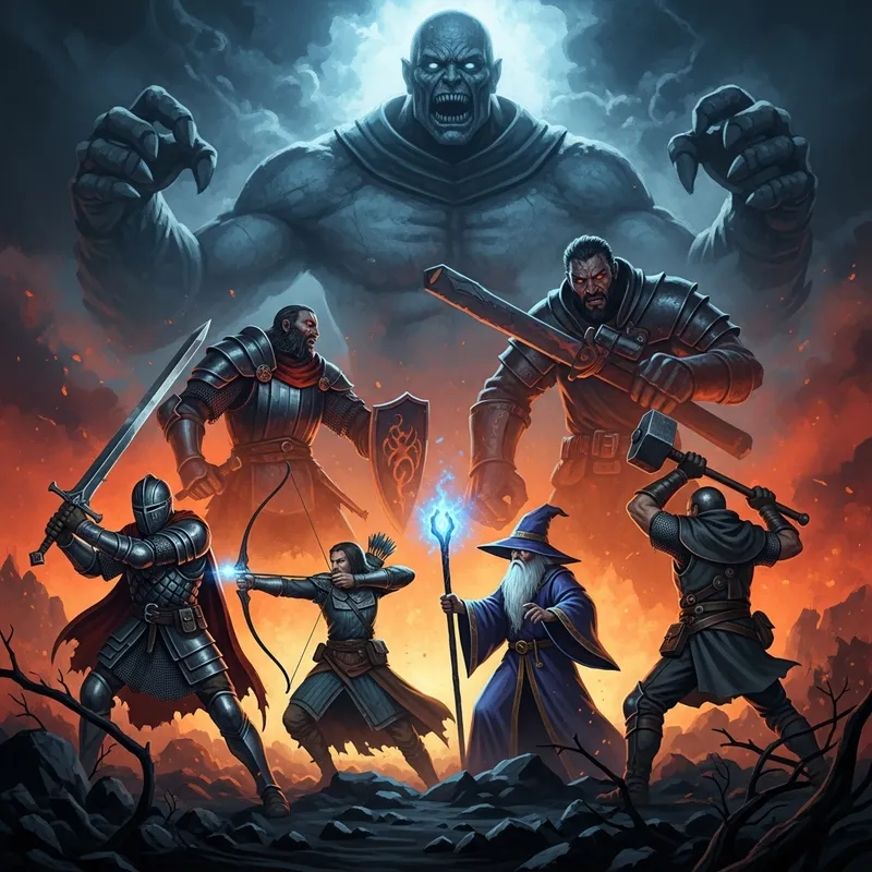 Dark Souls Style Medieval Fantasy Heroes vs Giant Villain