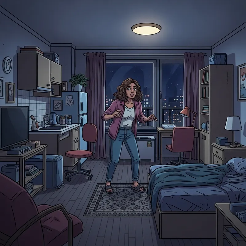 Scared Woman in Cozy One-Bedroom Apartment