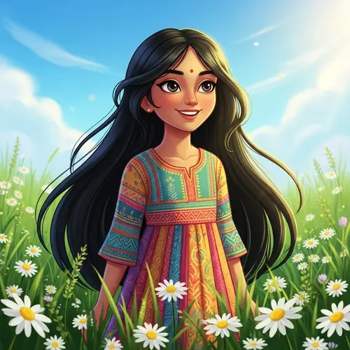 Young Indian Girl in Colorful Frock Smiling in Lush Green Meadow