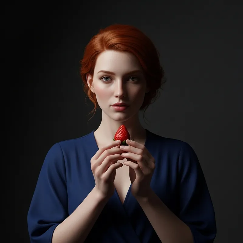 Tranquil Model with Red Hair and Blue Dress Holding Strawberry
