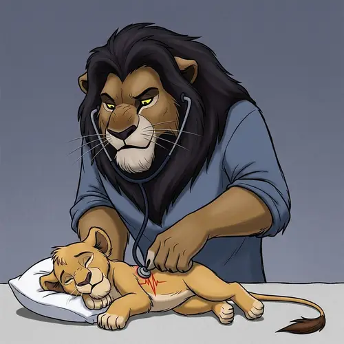 Illustration of Dark-Maned Lion Doctor Checking Cub's Heartbeat