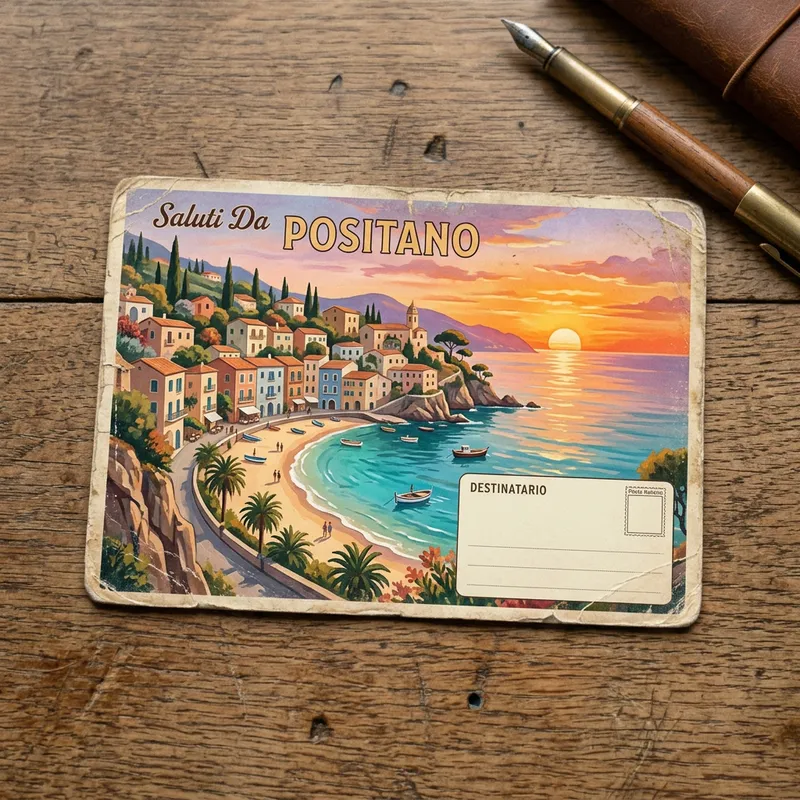 Vintage Coastal Town Sunset Postcard | Idyllic Seaside Image