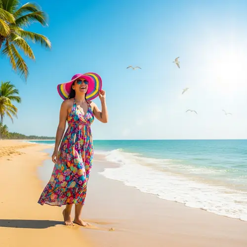 Vibrant Latina Woman Enjoying Sunlit Beachscape