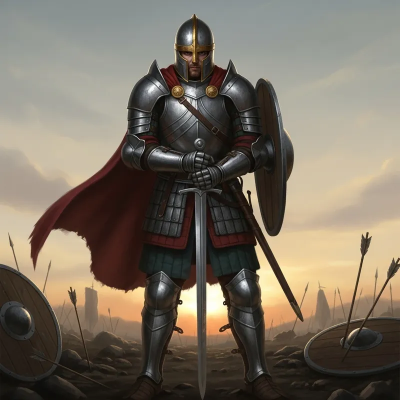 Fierce Guerrero on Battlefield at Sunset