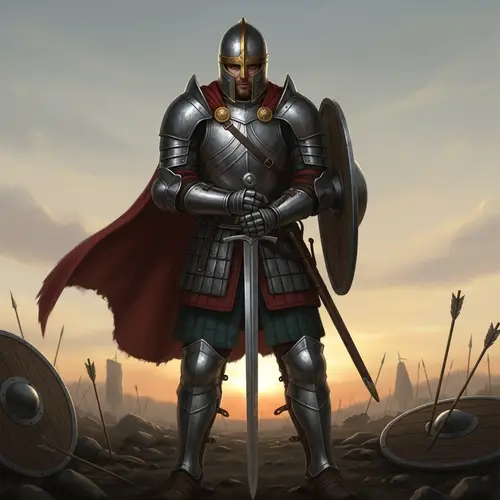 Fierce Warrior Standing on Battlefield at Sunset