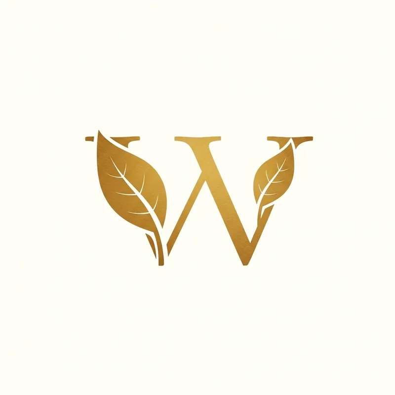 Elegant Minimalist Logo: Golden 'W' with Leaf Design Elegant Minimalist Logo: Golden 'W' with Leaf Design
