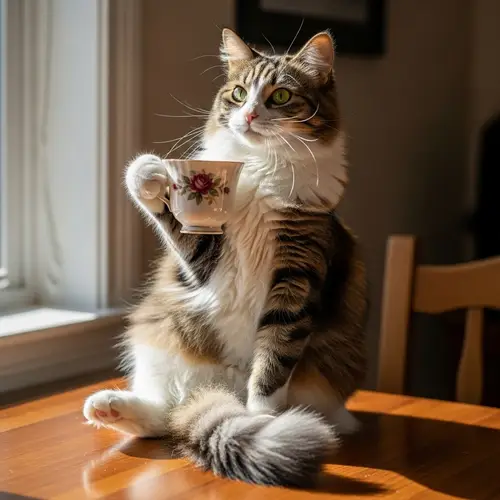 Tranquil Calico Cat Enjoying Tea on Wooden Table
