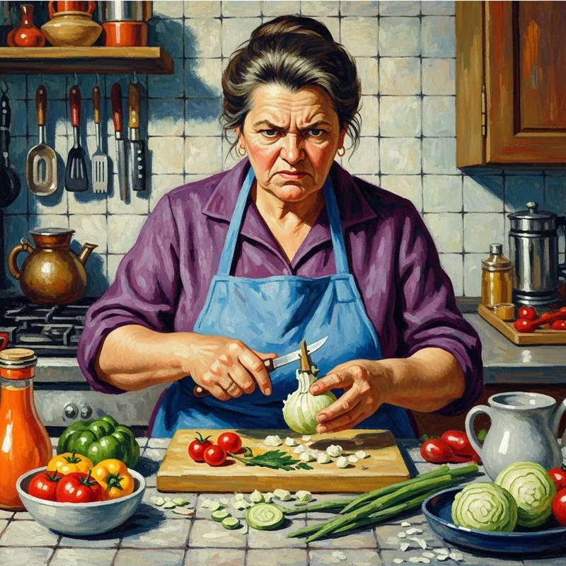 Furious Mother Peeling Vegetables | Bold and Vibrant Family Genre Artwork Furious Mother Peeling Vegetables | Bold and Vibrant Family Genre Artwork