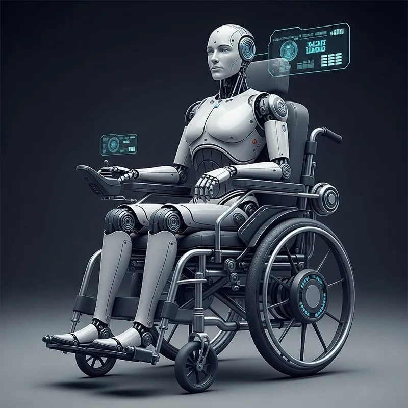 Futuristic AI Robot on Wheelchair: Advanced Mobility Futuristic AI Robot on Wheelchair: Advanced Mobility