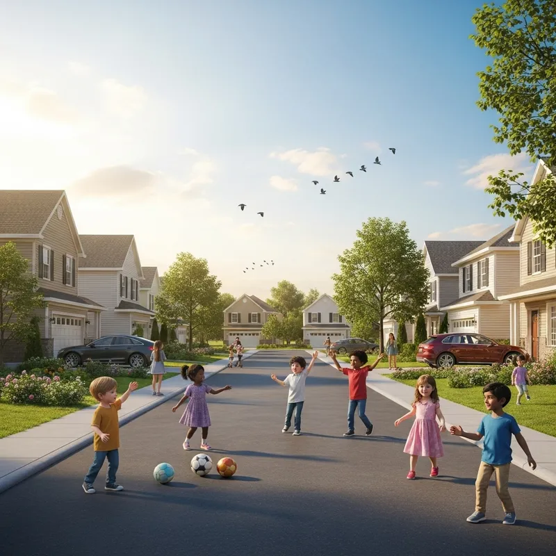 Tranquil Suburban Neighborhood, Children Playing, Bright Sun Tranquil Suburban Neighborhood, Children Playing, Bright Sun