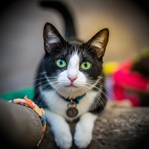 Curious Black and White Cat with Vibrant Colors and Green Eyes