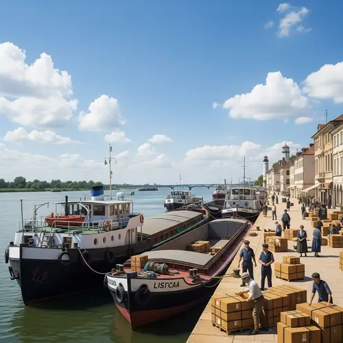 Tranquil River Port with Cargo Boats and Lighthouse