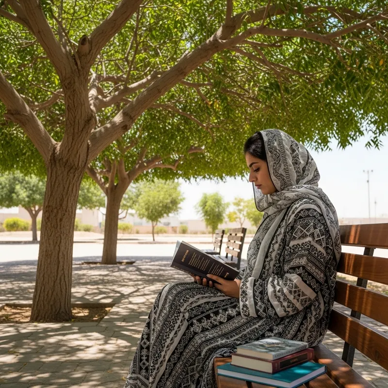Beautiful Student in Abaya and Veil Reading Under Tree