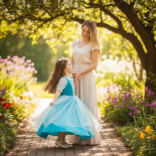 Serene Woman and Joyful Girl | Sunlit Garden Scene