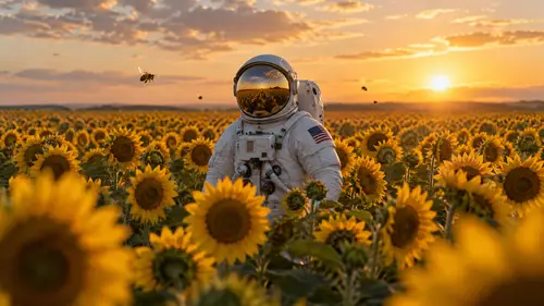 Astronaut in Sunflower Field at Golden Hour