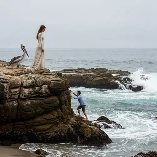 Rugged Coastline with Attractive Woman and Pelican Watching Climber