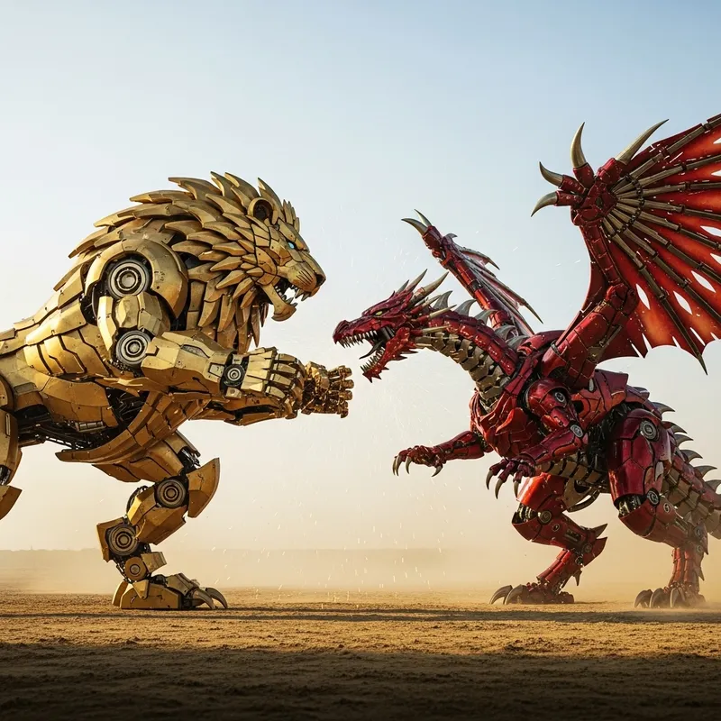 Golden Robot Lion vs Red Robot Dragon Battle Golden Robot Lion vs Red Robot Dragon Battle