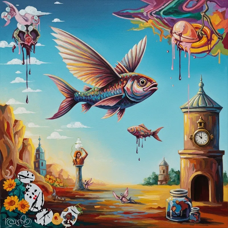Whimsical Flying Fish Painting in Surreal Dreamscape | Salvador Dali Inspired