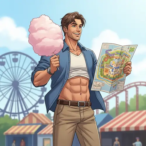 Mid-30s American Man Enjoying Theme Park Day with Cotton Candy